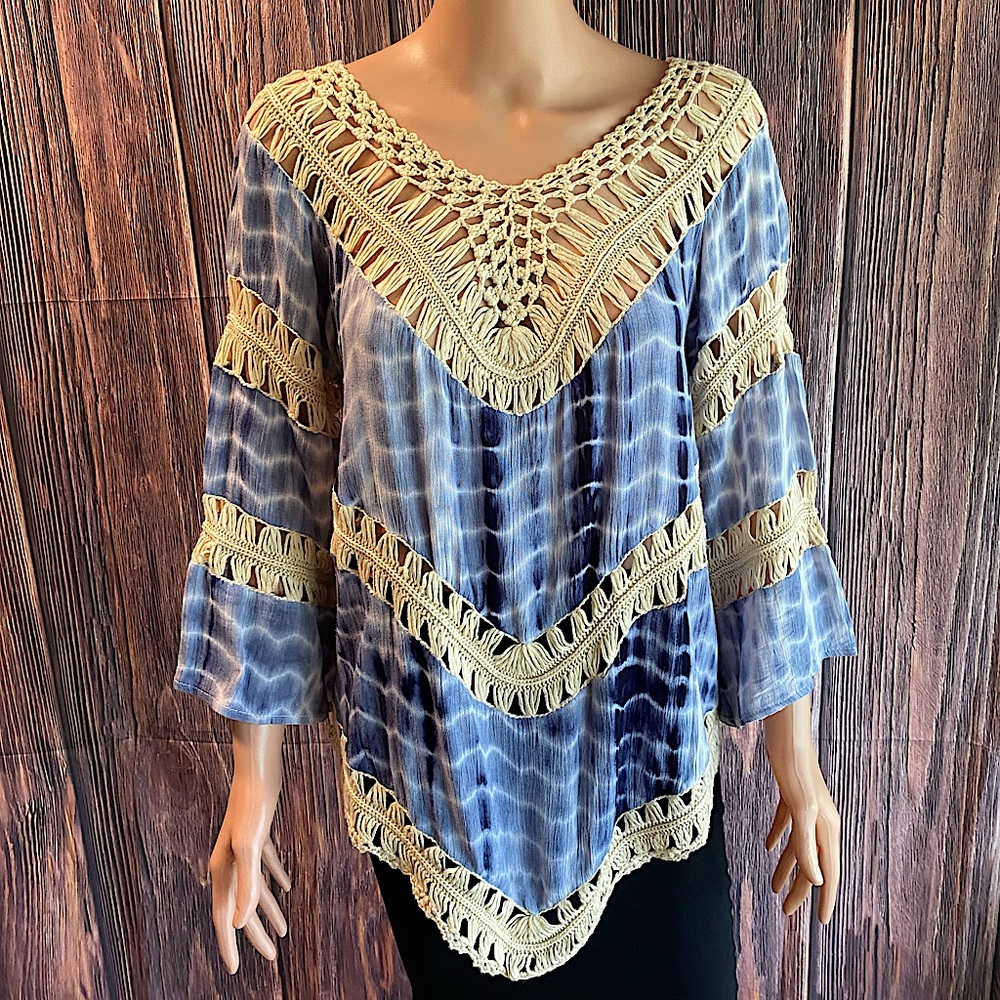 Jessica Taylor NYC blue white cream colored boho one size tie dye poncho - Picture 1 of 13